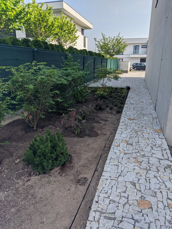 Zahrada u betonového domu Realizace